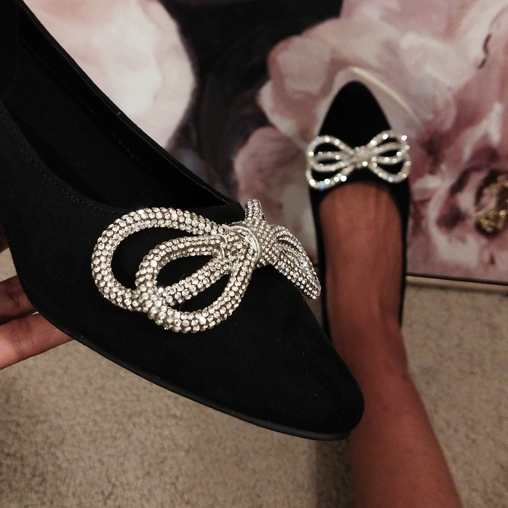 Rhinestone Bowtie Black Pointed Toe Flats